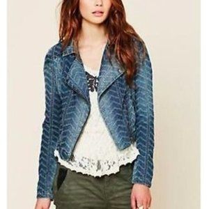Free People Denim Moto Jacket Chevron Sz 2 EUC